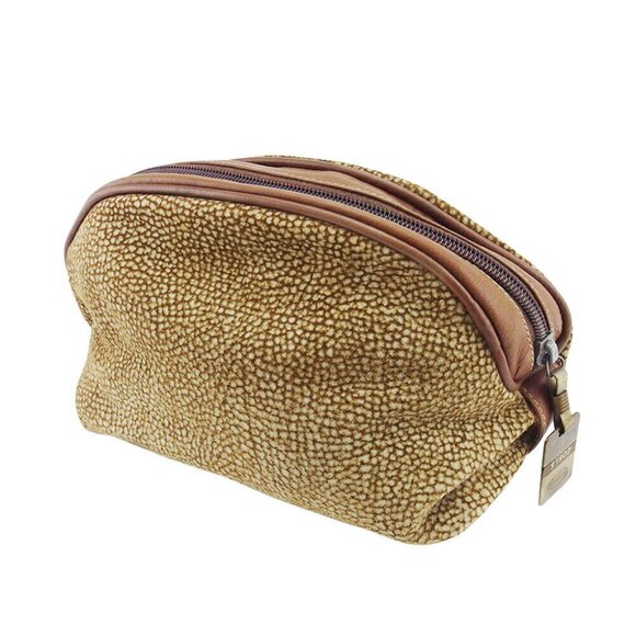 BORBONESE Pouch Flying Pattern Beige Suede x Leather Authentic USED - Picture 1 of 1